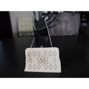 White and Gray Beaded Evening Bag, Beaded Clutch Purse, Wedding Purse Geometric